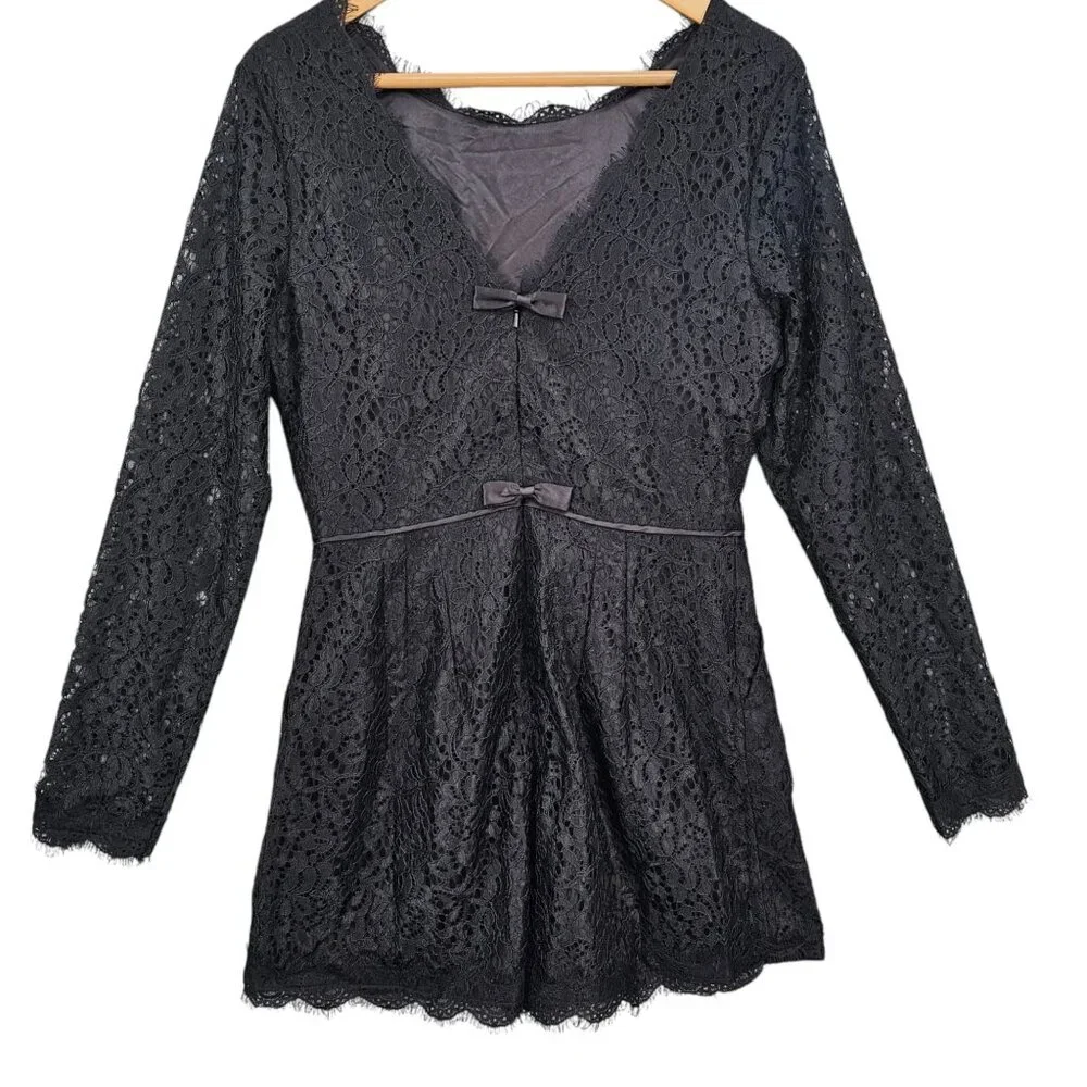 Anthropologie‎ Womens 4 Black Long Sleeve Lace Shorts Romper NWT